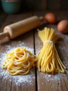 Side-by-side comparison of fresh homemade pasta and dried spaghetti on a rustic wooden surface. 