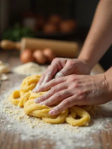 Italian chef kneading fresh pasta dough on a floured wooden surface in a rustic kitchen.