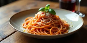 Perfectly cooked Italian pasta with tomato-basil sauce, Parmesan cheese, and olive oil on a rustic wooden table. 