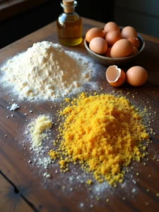 High-quality pasta ingredients including 00 flour, semolina, fresh eggs, and olive oil on a rustic wooden table.
