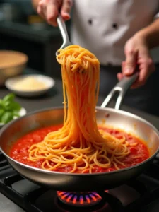 Chef tossing spaghetti in a pan with tomato sauce for a perfect restaurant-style pasta dish. 
