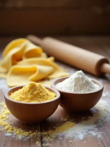 Comparison of semolina flour and 00 flour in wooden bowls for homemade pasta dough.